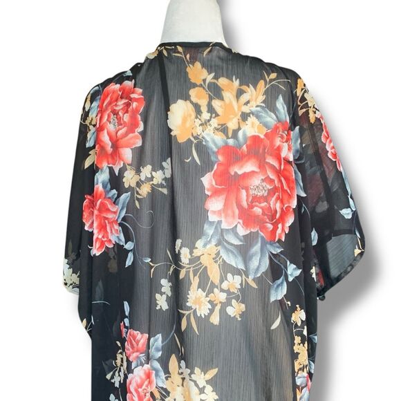 Band of Gypsies Black Sheer Red Floral Kimono Duster Swim Cover Up Short Sleeve - Picture 3 of 12